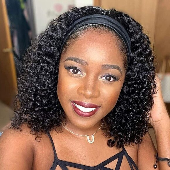 Headband Wig Human Hair Deep Wave 12 Inch No Lace Curly for Women Natural Style